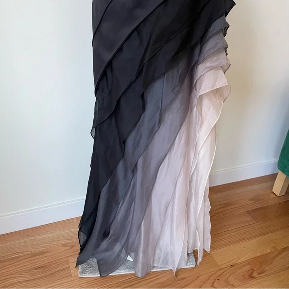 Halston Heritage Black Satin Organza Sleeveless Ombre Degrade Tiered Gown EUC 2 - Picture 9 of 12
